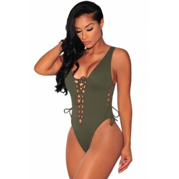 Black Lace up High Cut Bodysuit Brown,Green,Blue,Gray